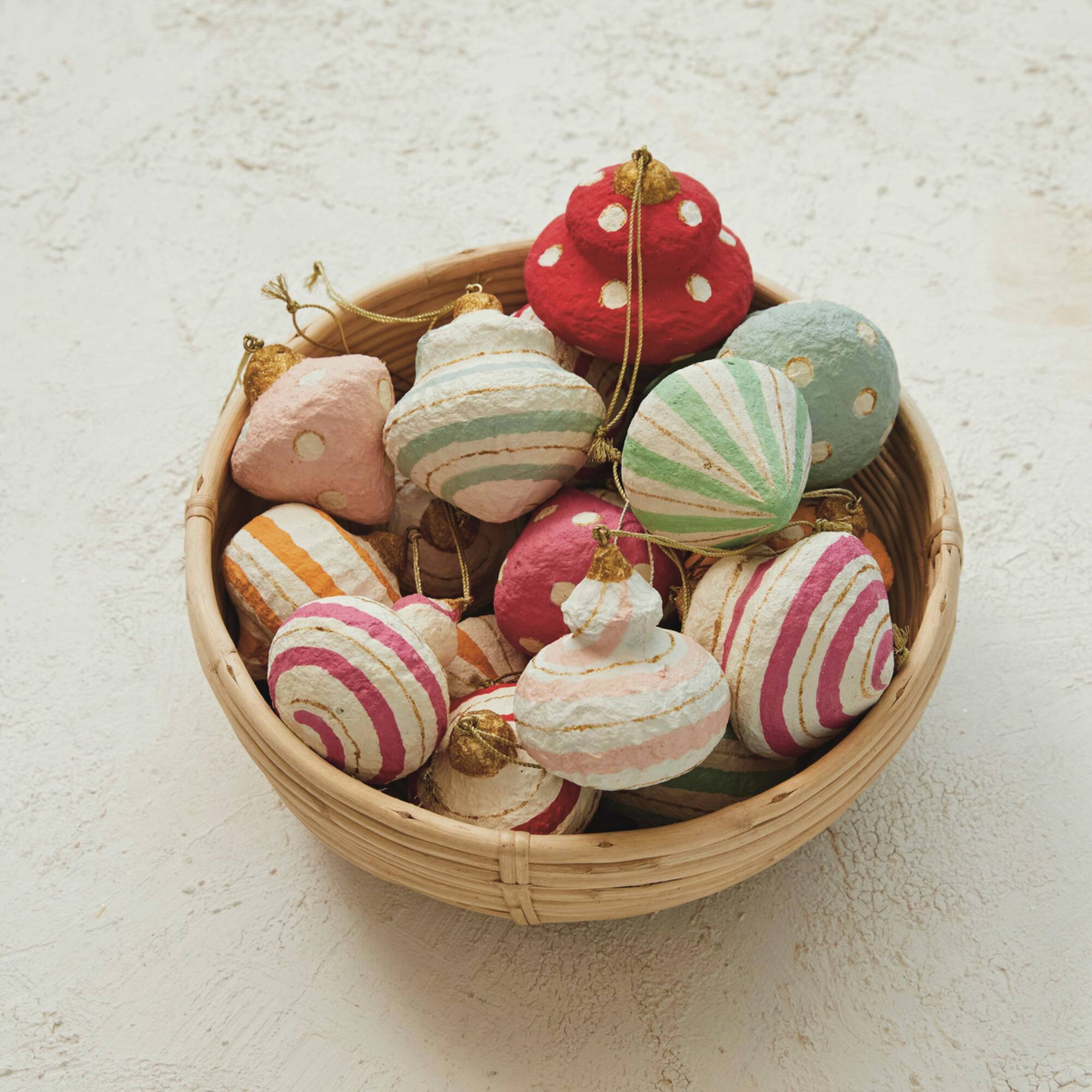 Hello Honey® 3.5" Handmade Paper Mache Ornament Set with Metallic Gold Details